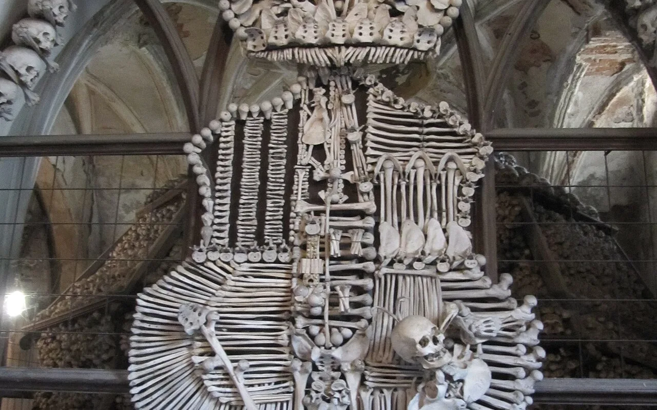 The Schwarzenberg coat of arms composed from human bones on the wall of the Sedlec Ossuary