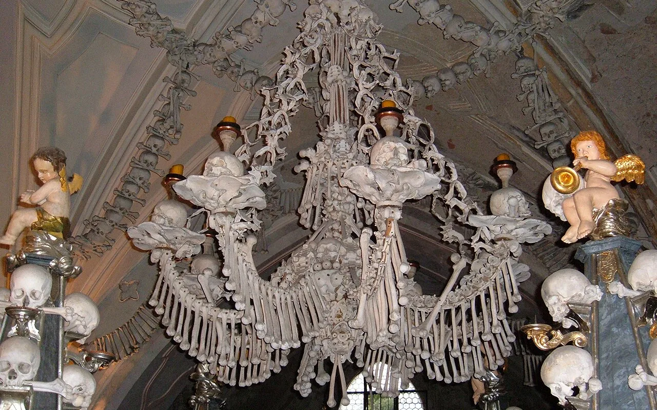 The chandelier of human bones hanging at the centre of the Sedlec Ossuary